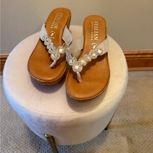 Italian Shoemakers Beige Bejeweled Flipflop Sandals